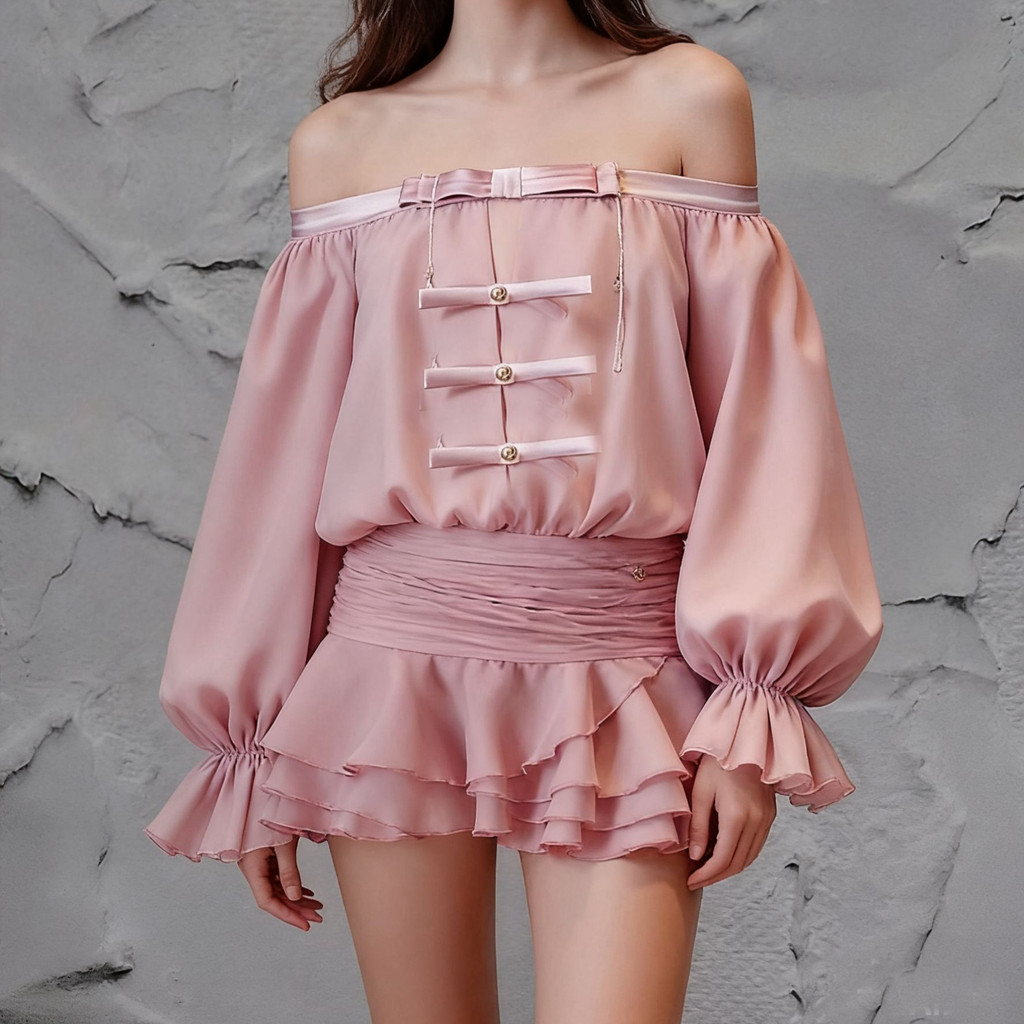 {SUNSHINE CLUB} Vietnam Niche Fashion Niche Design Irregular Ruffled Flat Neck Lantern Sleeve เดรสเอ