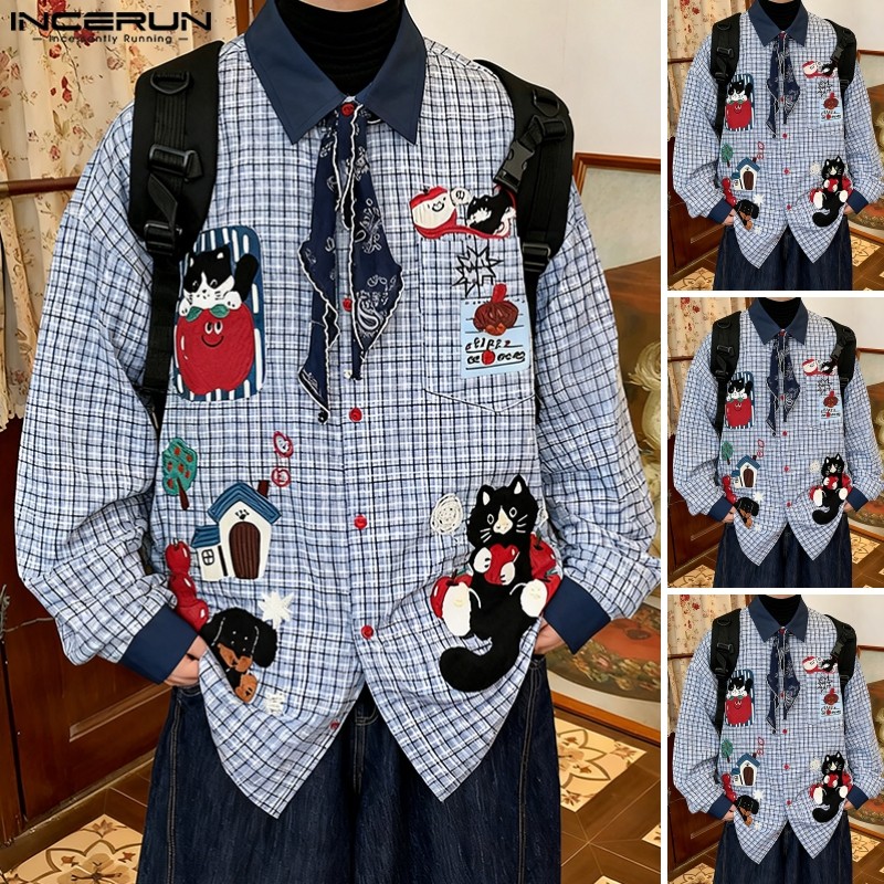 INCERUN เสื้อเชิ้ตผู้ชาย สไตล์เกาหลี แขนยาว พิมพ์ลายตาราง - รูปที่ 6