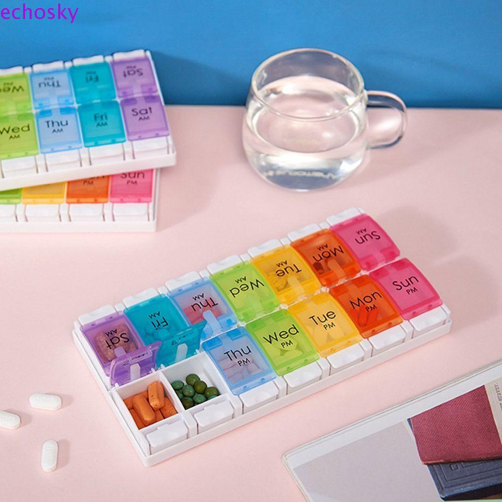 ECHOSKY 7-Day Pill Organizer, 14 ตารางสองแถวกล่องยาทุกวัน,Reusable กันน้ําฝุ่นWeek Mark Weekly Pill 