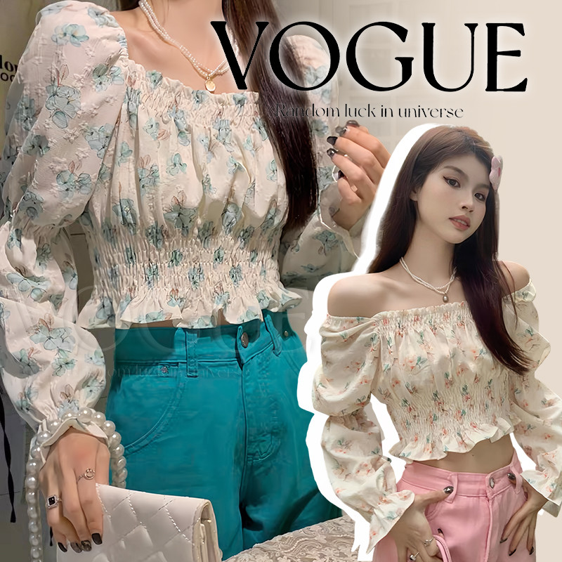 Vogue🌟พร้อมส่ง🌟 เสื้อแขนยาวเปิดไหล่ แขนตุ๊กตาเอวสม็อค ลายดอกไม้ผ้าชีฟอง น่ารักใส่ง่าย (72031) -C