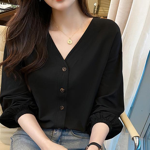 poppyเสื้อเชิ้ตผู้หญิงสไตล์เกาหลี แขนยาว คอวี ทรงหลวม มีให้เลือกหลายสี#W394