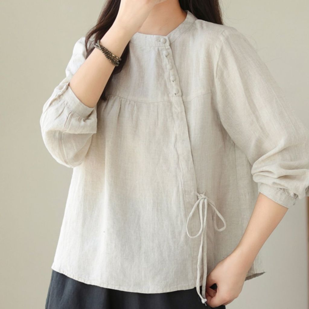 CP วรรณกรรม Diagonal Lace-Up สไตล์จีนแขนยาว สำหรับผู้หญิง จากผ้าฝ้ายและลินิน ออกแบบให้สวมใส่ง่ายและระบายอากาศได้ดี