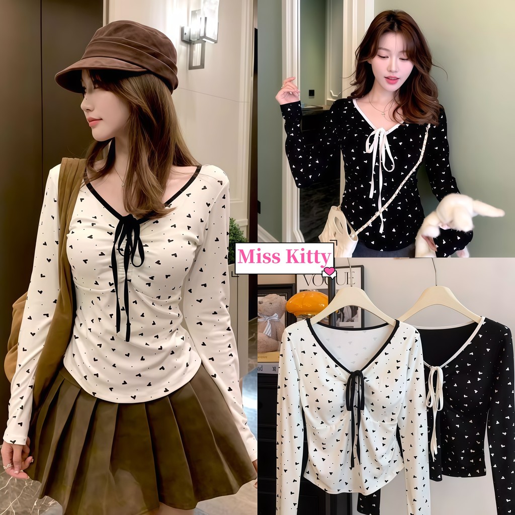 🎀Miss Kitty เสื้อแขนยาว มีฟองน้ำ คอกลม คอวี ดีเทลลายโบว์ เสื้อผ้าแฟชั่นผู้หญิง