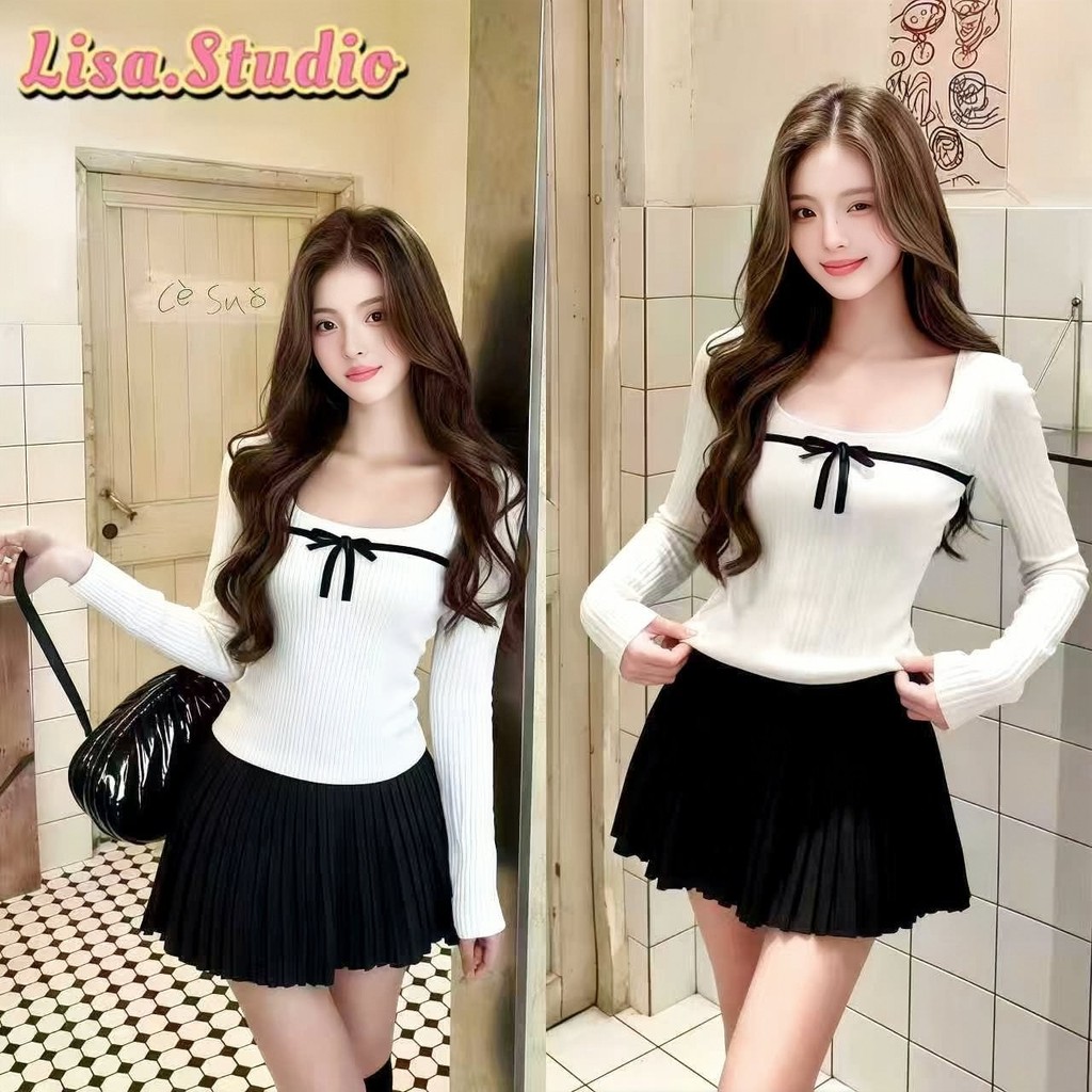 Lisa🎀พร้อมส่ง❄️เสื้อครอป เสื้อแขนยาวผู้หญิง ดีไซน์ผูกโบว์หน้าอก เสื้อสีขาวลำลอง เรียบหรูดูแพง แฟชั่นเก๋ไก๋สไตล์ฝรั่งเศส