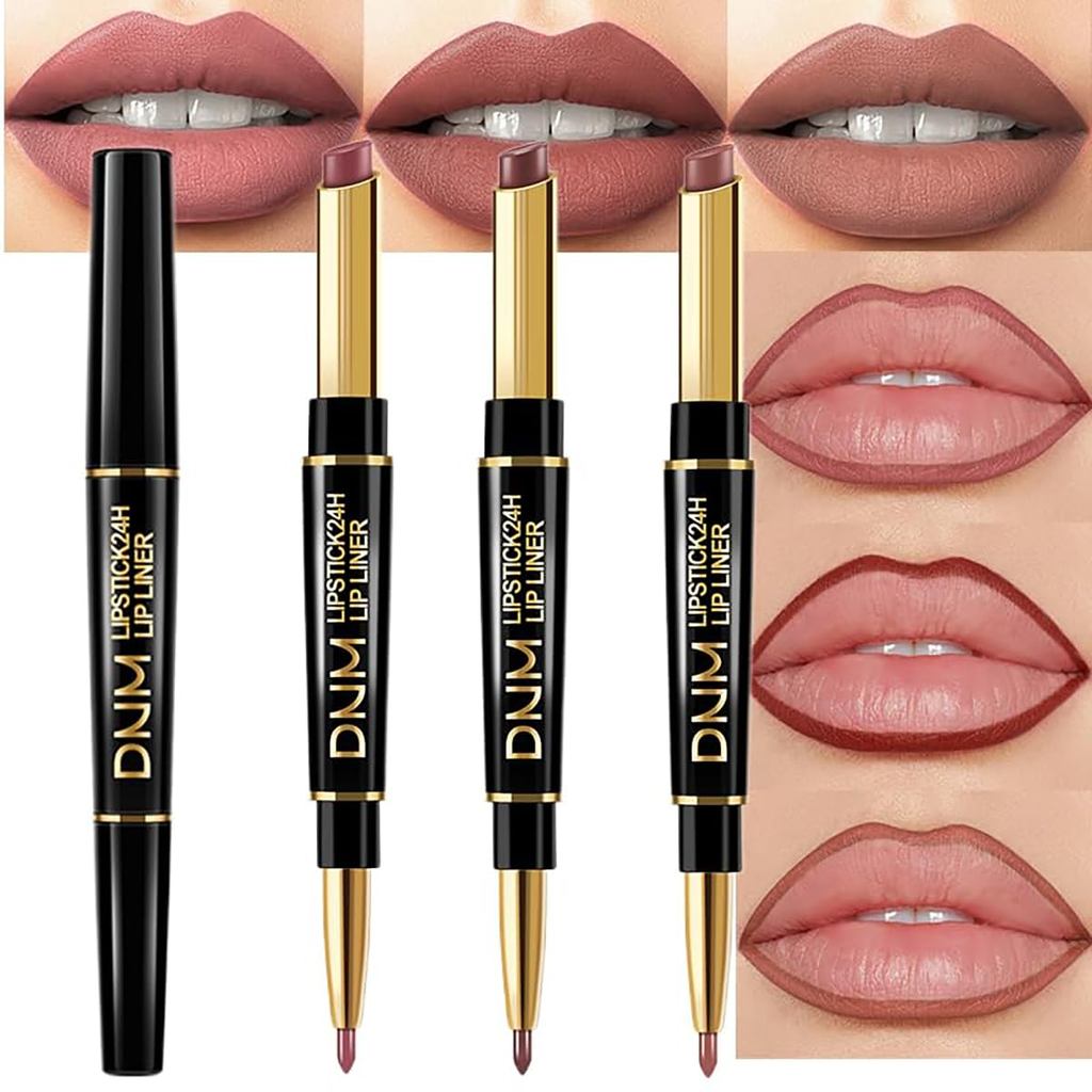 3 ชิ้น Coral Pink, ชานม, Rose Mauve Lip Liner และลิปสติก Set – Double-Ended 2-in-1 Lip Liner และ Com