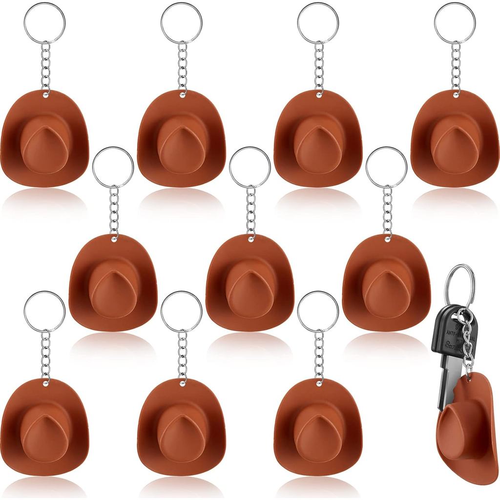 Sureio 12 ชิ้นสีน้ําตาล Cowgirl Party Decor พลาสติก Mini Western Cowgirl หมวกพวงกุญแจสําหรับ Cowgirl