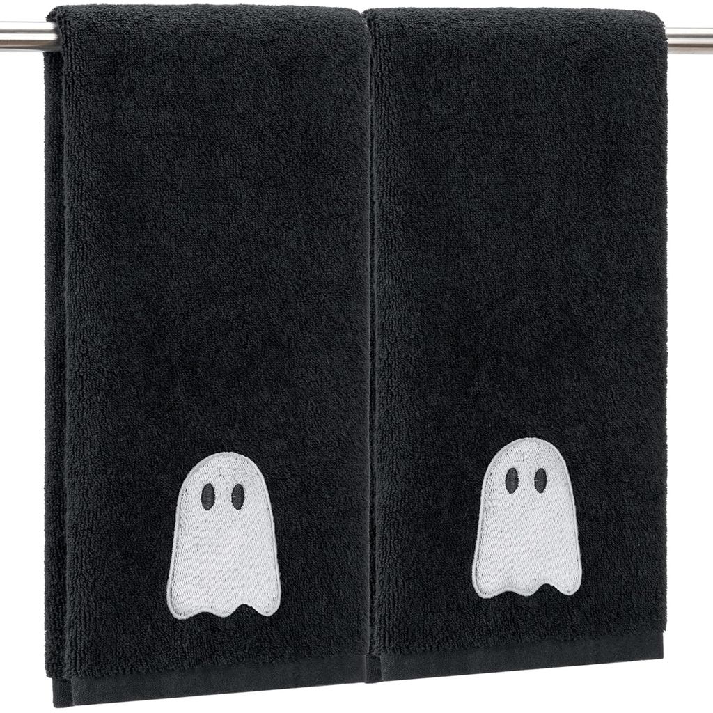 2 ชิ้นฮาโลวีน Ghost ปักผ้าเช็ดมือสีดําสีขาวผ้าฝ้ายผ้าเช็ดตัวสําหรับห้องน้ํา Home Kithcen Ghost ห้องน