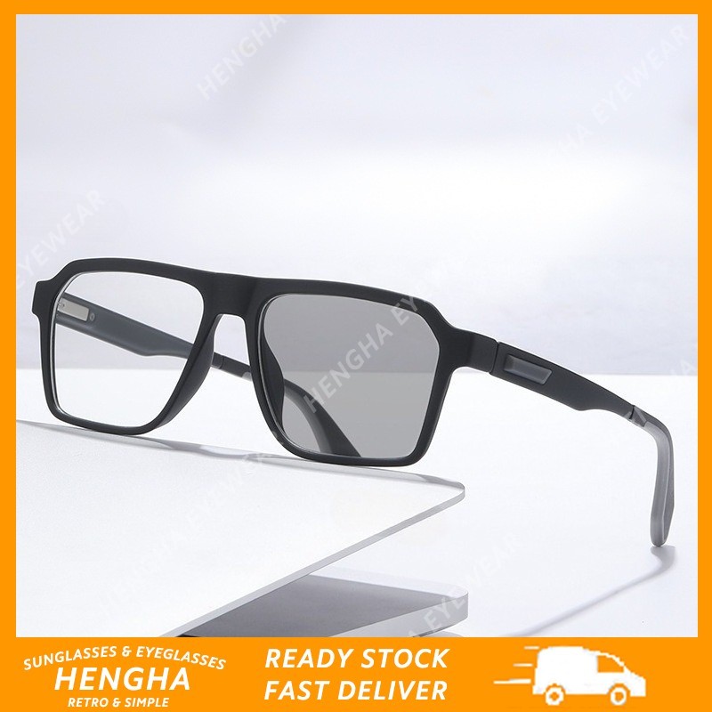 (HENGHA) แฟชั่นคลาสสิกกรอบสีดํา Retro Photochromic สีเทา Blue Light Blocking แว่นตาตามใบสั่งยา