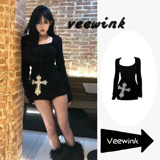 Veewink เสื้อสเวตเตอร์สไตล์สบายๆ เปิดไหล่ โบว์ประดับ กระชับเอว แขนยาว ยาวปานกลาง