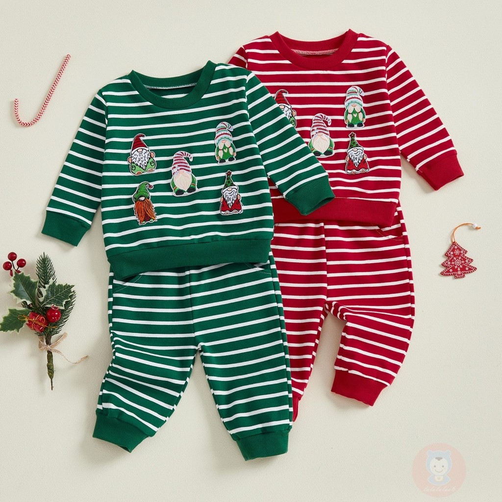 LAA6-Boys Christmas แขนยาว O คอ Gnome เย็บปักถักร้อย 2 ชิ้นกางเกงชุด
