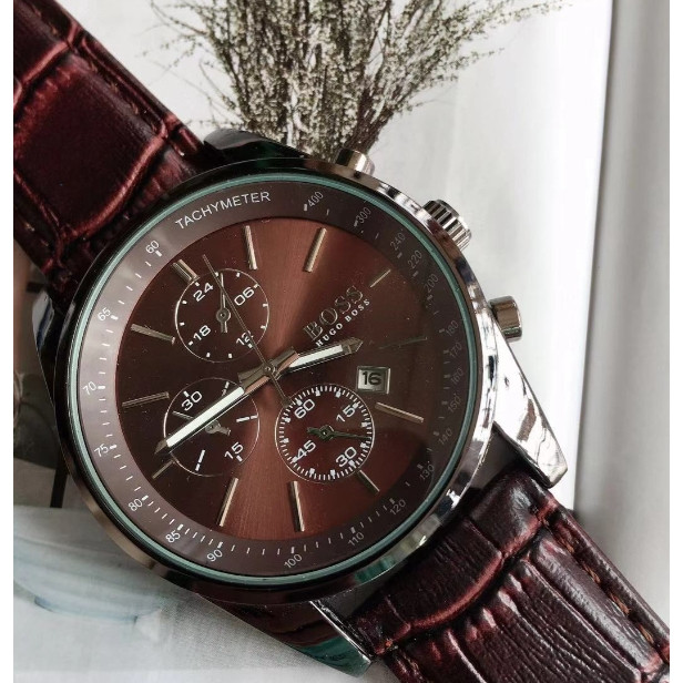 HUGO BOSS นาฬิกาข้อมือ Quartz Movement สายหนัง หน้าปัดสีดํา นาฬิกาผู้ชาย