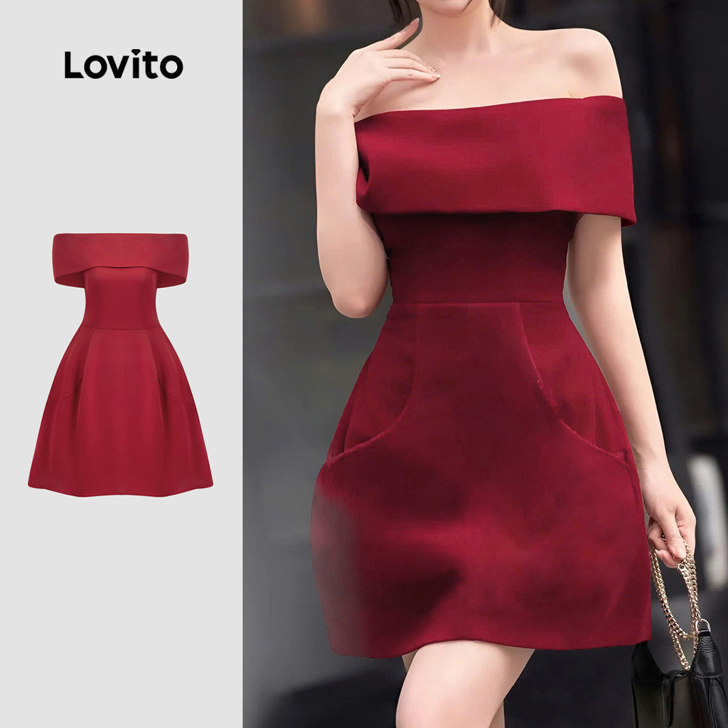 Lovito เดรสลำลองสำหรับใส่ไปทำงาน เดรสสีแดงคลาสสิกอเนกประสงค์สำหรับงานปาร์ตี้ ดีไซน์เปิดไหล่ เหมาะสำหรับฤดูใบไม้ผลิ/ฤดูร้อน L149ED439