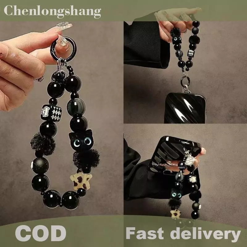Chenlongshang หรูหราสีดํา Fluffy สายคล้องโทรศัพท์มือถือพร้อมลูกปัด Handle Chain ข้อมือ Anti-Theft คลิปกระเป๋าอุปกรณ์เสริม EN