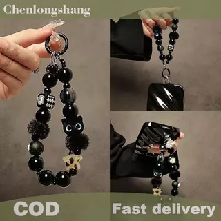 Chenlongshang หรูหราสีดํา Fluffy สายคล้องโทรศัพท์มือถือพร้อมลูกปัด Handle Chain ข้อมือ Anti-Theft คลิปกระเป๋าอุปกรณ์เสริม EN