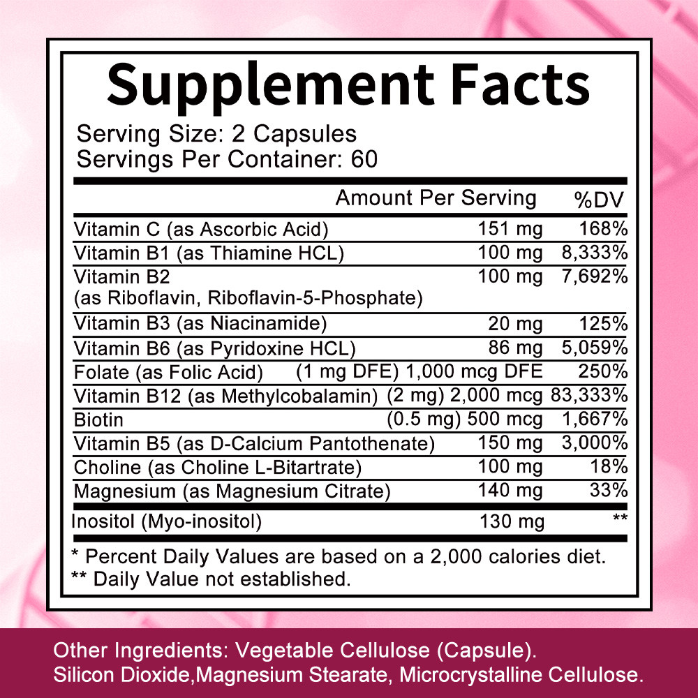 ไม่จํากัดเพศ วิตามินบีคอมเพล็กซ์ - บีคอมเพล็กซ์: วิตามิน B1, B2, B3, B5, B6, B7, B8, B9, B12 มีวิตามินซี, โคลีน, และอินออล - สารเสริมหัวใจ, เสริมพลังสมองและพยุง - รูปที่ 5