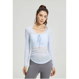 mvp sport เสื้อแขนยาวผู้หญิง เสื้อโยคะ มีแผ่นฟองน้ำเสริมหน้าอกในตัว ดีไซน์ผูกหน้าอก เอวจีบ ผ้าตาข่าย
