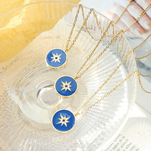 สร้อยคอจี้ดาวกลมชุบทองพร้อมเคลือบสีน้ําเงินลูกบาศก์เซอร์โคเนีย (CZ) ดีไซน์แฟชั่นทันสมัย เครื่องประดั