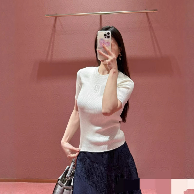 H9DU FE##I  2025Spring Commuting Style Elegant Thin Round Neck Letter Top logo Women's Short Sleeve 