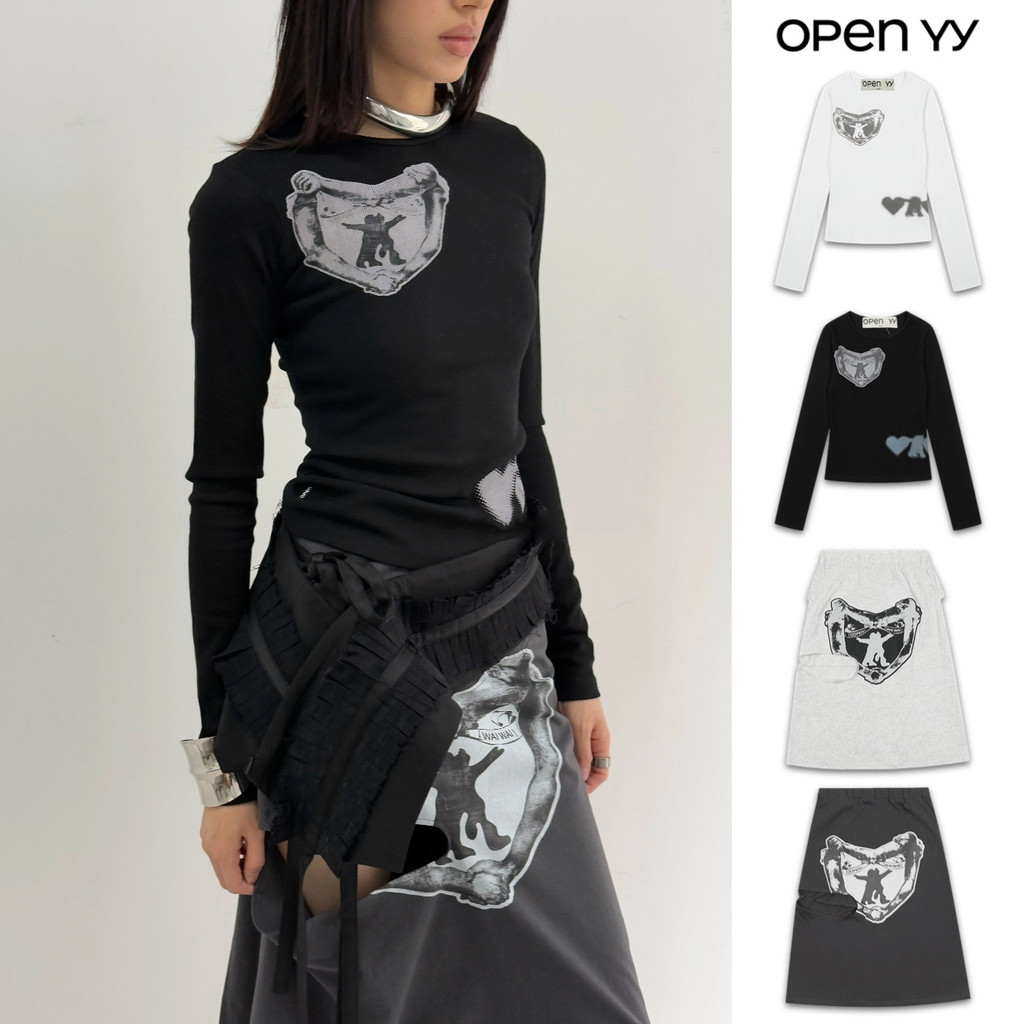 🚗พร้อมส่ง👚open yy กราฟฟิตีการพิมพ์แขนยาวเสื้อยืดชุดกระโปรง