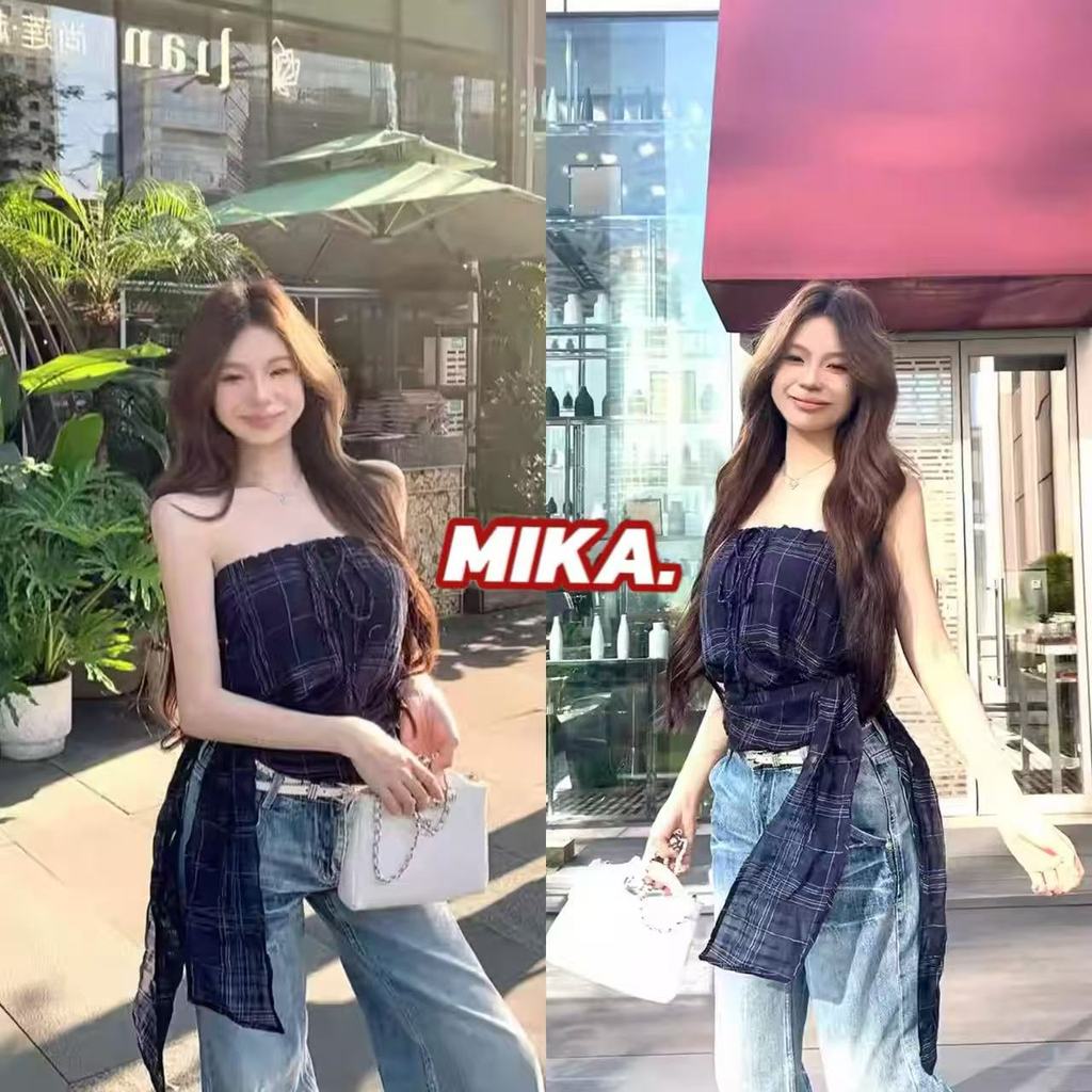 MIKA.💕คลังสินค้าพร้อม💕เสื้อนอกทรงหลวมทรงตรงเอวสูงสไตล์เรโทรสำหรับผู้หญิงเกาะอก