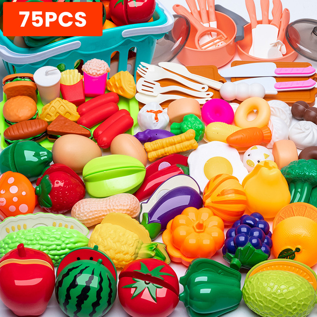 ของเล่นผลไม้และผัก 29/75PCS ชุดหั่นผักผลไม้และผักสำหรับเด็ก ชุดปริศนาผลไม้ตัดผักสำหรับเด็ก ของเล่นเล่นตามบทบ