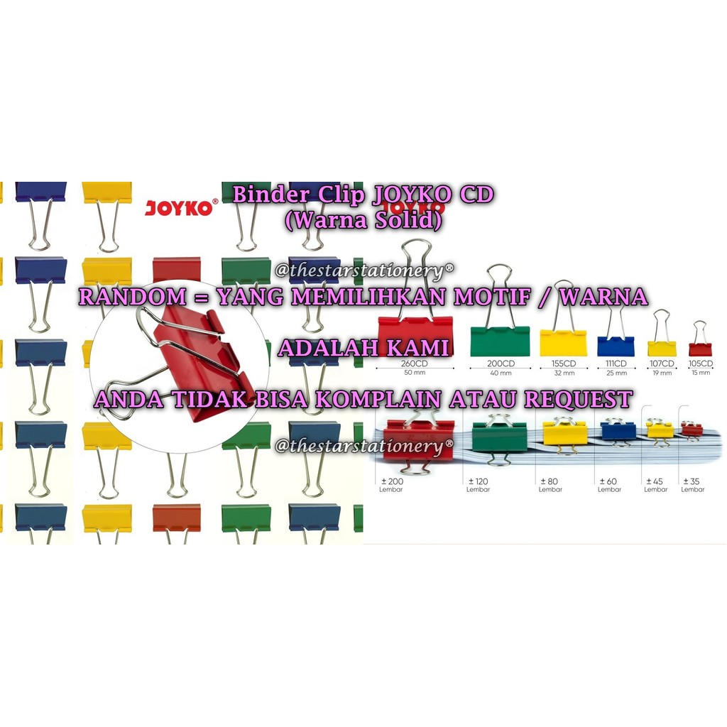 (1 ชิ้น) WHOLESALE Binder Clip JOYKO 155CD สี / Binder Clip Joyko CD Paper Clip (1 ชิ้น)