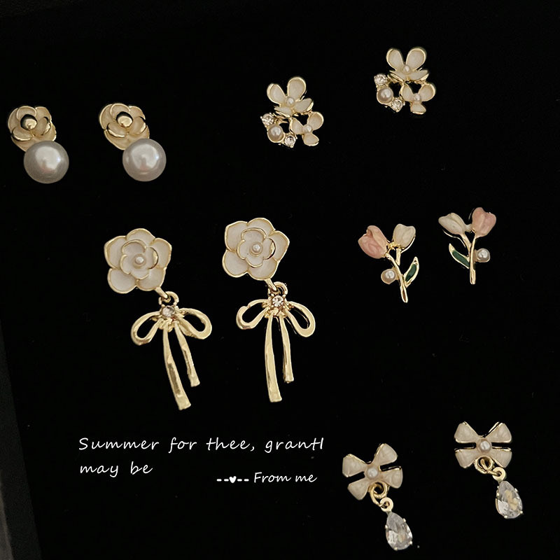 ต่างหู Camellia Bow ออกแบบเฉพาะ หรูหราและคลาสสิค สไตล์ย้อนยุคฝรั่งเศส WO3T