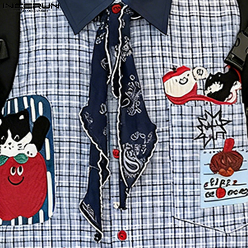 INCERUN เสื้อเชิ้ตผู้ชาย สไตล์เกาหลี แขนยาว พิมพ์ลายตาราง - รูปที่ 3