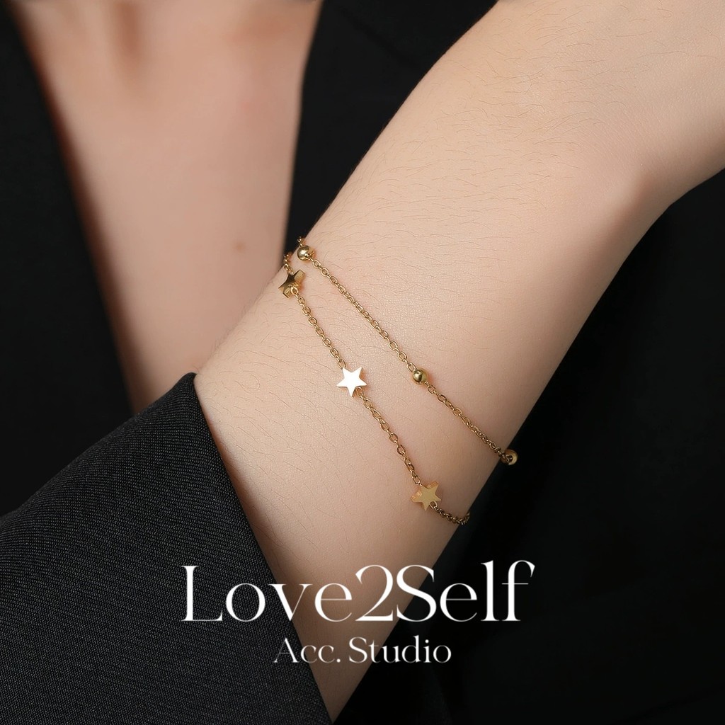Love2selfS053 Fashoinable Double Layered สร้อยข้อมือผู้หญิง Vintage Golden สี Pentagram สร้อยข้อมือสแตนเลส Made Non Tranish Non Faded 16+5 ซม.