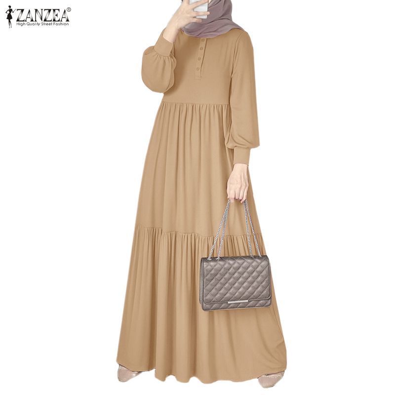 ZANZEA ชุดยาวหลวมสำหรับผู้หญิงมุสลิม ดีไซน์คอกลม สีทึบ พร้อมรายละเอียดริฟเฟิล.Layered Ruffle Hem