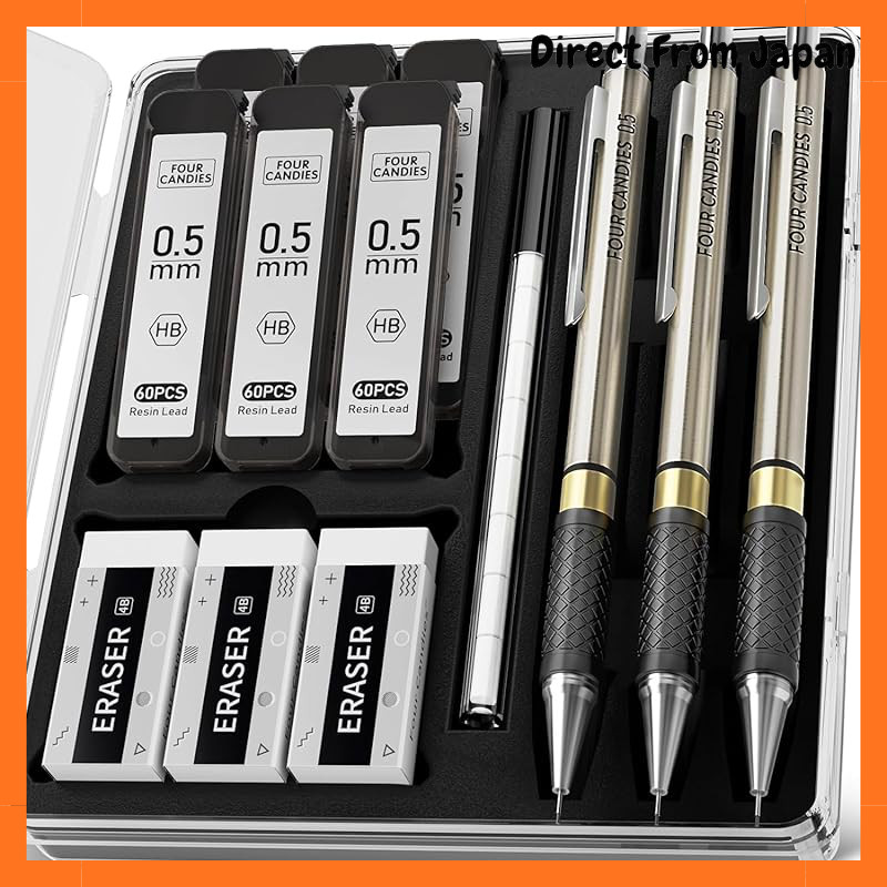 Four Candies Metal Mechanical Pencil Set - 3 Pencils, 0.5mm, 0.7mm, 0.9mm, HB Lead Refills (360), Er