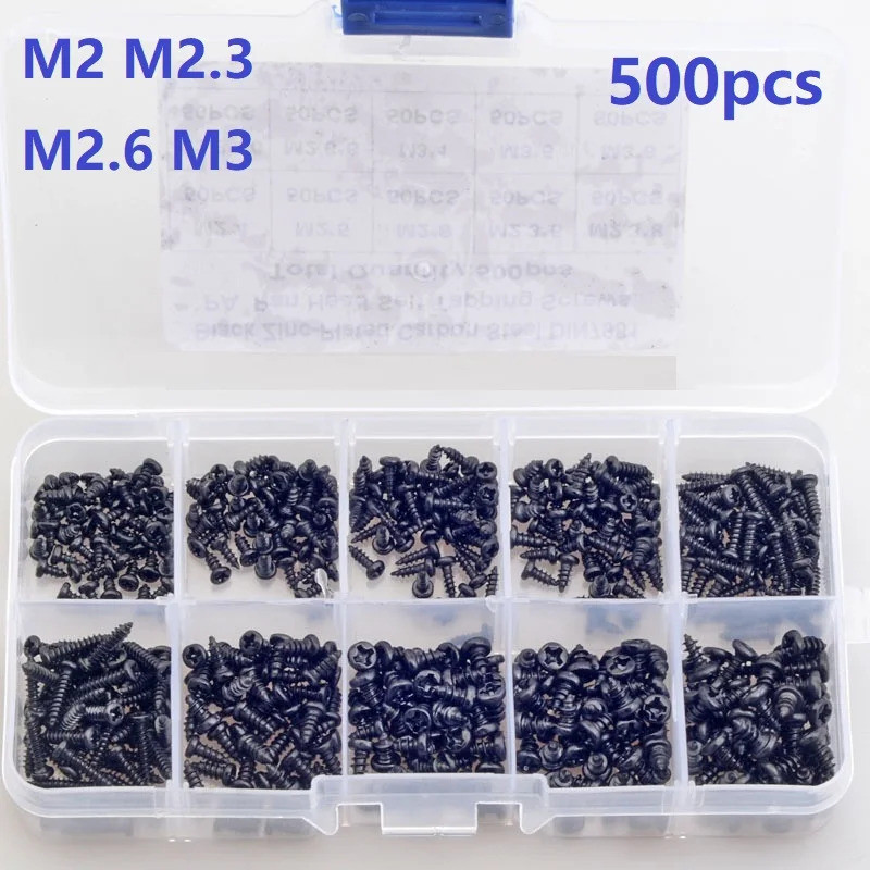 500pcs M2 M2.3 M2.6 M3 PA Phillips Black Screws Pan Round Head Self-tapping Electronic Laptop Screw 