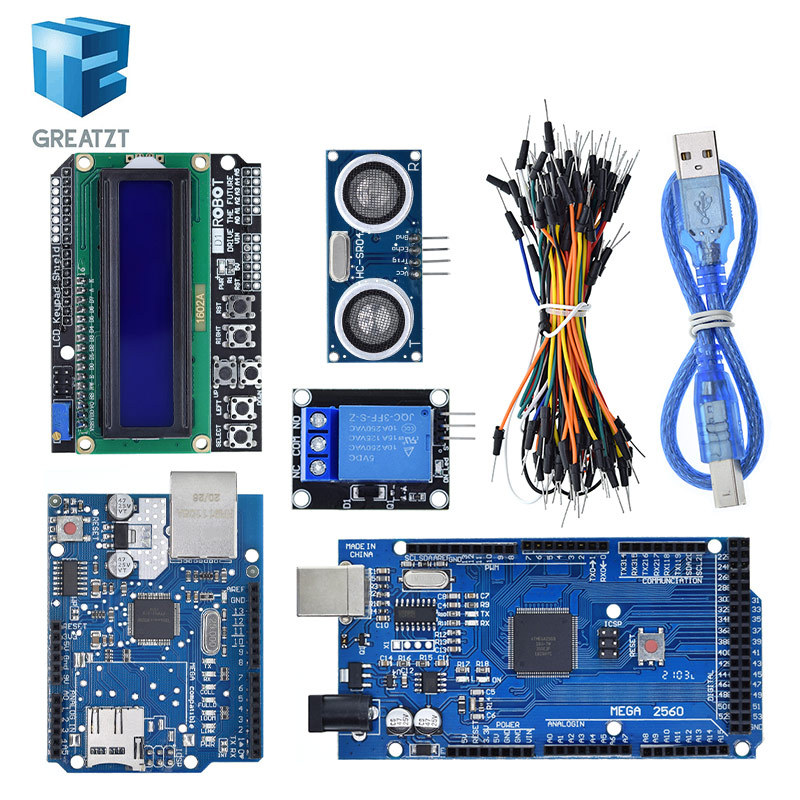 GREATZT Mega 2560 r3 สําหรับชุด arduino + HC-SR04 +สายขนมปัง + โมดูลรีเลย์+ W5100 UNO Shield + LCD 1