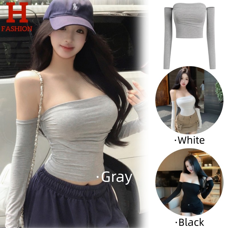 HOT'พร้อมส่ง' FY5015 เสื้อแขนยาว เปิดไหล่ ผ้านุ่มยืดพอดีตัว สีพื้นดีเทลสไตล์ตัวอักษร