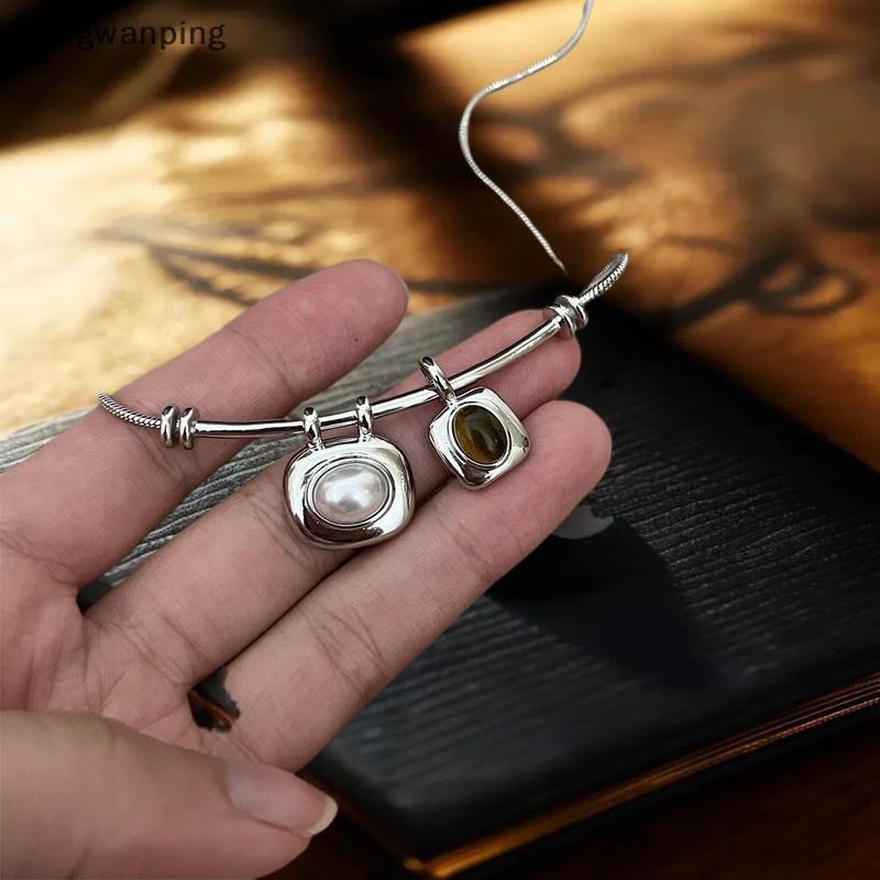 [DWP] แฟชั่นเกาหลี Vintage Geometry Tigereye หินจี้มุกสีเงินโซ่งูสร้อยคอ Choker สําหรับผู้หญิงเครื่อ