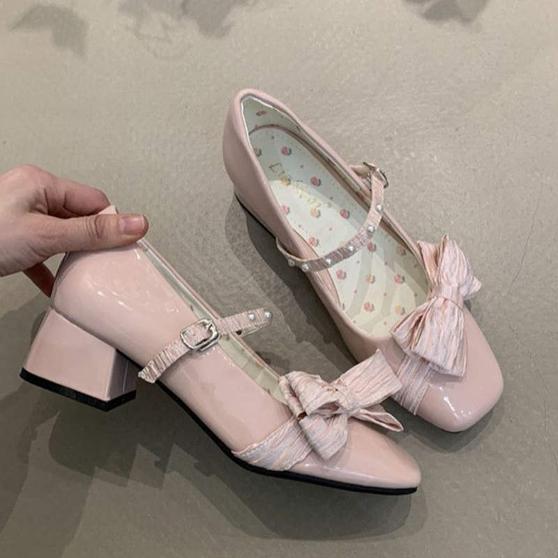 French Cherry Pink Pearl Bow Square Toe Pumps 2025 Spring Gentle Fairy Style Mary Jane Shoes