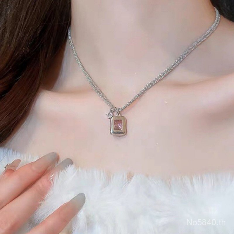 สร้อยคอสแควร์แฟชั่น Classy Zircon สร้อยคอเปลี่ยนได้ 2024 สองชั้นเวอร์ชั่นเกาหลีสร้อยคอโซ่กระดูกไหปลา