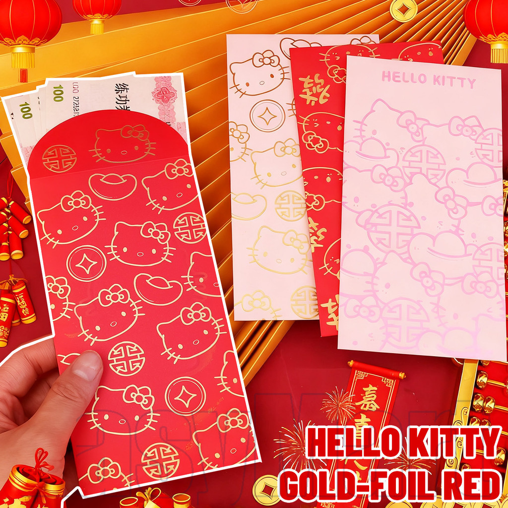 นํามาใช้ใหม่แมวซองจดหมายสีแดง6-แพ็ค,ทองฟอยล์ประทับลายการ์ตูนสําหรับปีใหม่วาเลนไทน์,กระดาษทนทาน หงเปา,3สไตล์กุหลาบทอง/สีชมพู/แดงชุดอ่างเปา