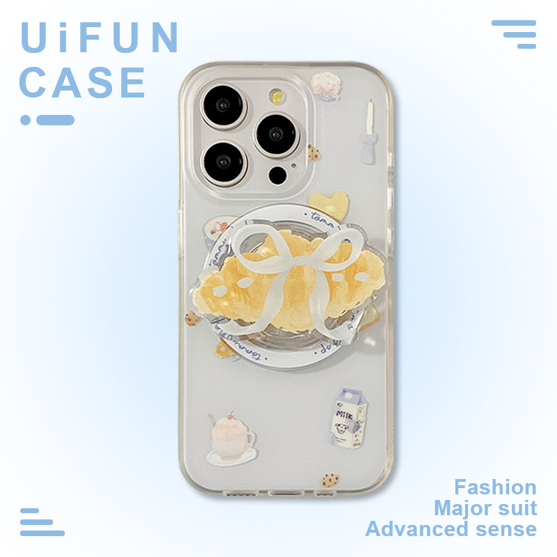 นมเกาหลี Bowknot Croissant Bread Bracket ไร้สายชาร์จโทรศัพท์มือถือสําหรับ iPhone 17 16 15 14 Pro Max 13 IMD Anti-Scratch ปลอกโทรศัพท์มือถือแม่เหล็ก