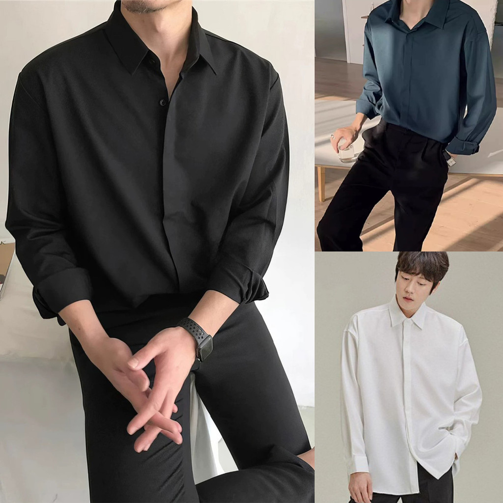 ส่งด่วน เสื้อเชิ้ตแขนยาวสีพื้น เชิ้ตสไตล์เกาหลี เชิ้ตทำงาน เสื้อสีดำ ดีไซส์สาปซ้อน (Size 40 - 48)