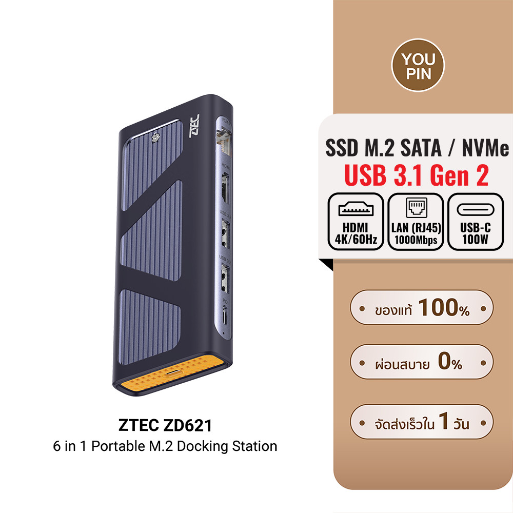 [ลดเหลือ 1439] ZTEC ZD621 6 in 1 (มีพอร์ต LAN) รองรับ M.2 NVMe & SATA , HDMI 4K, USB 3.2 Gen 2 10Gbp