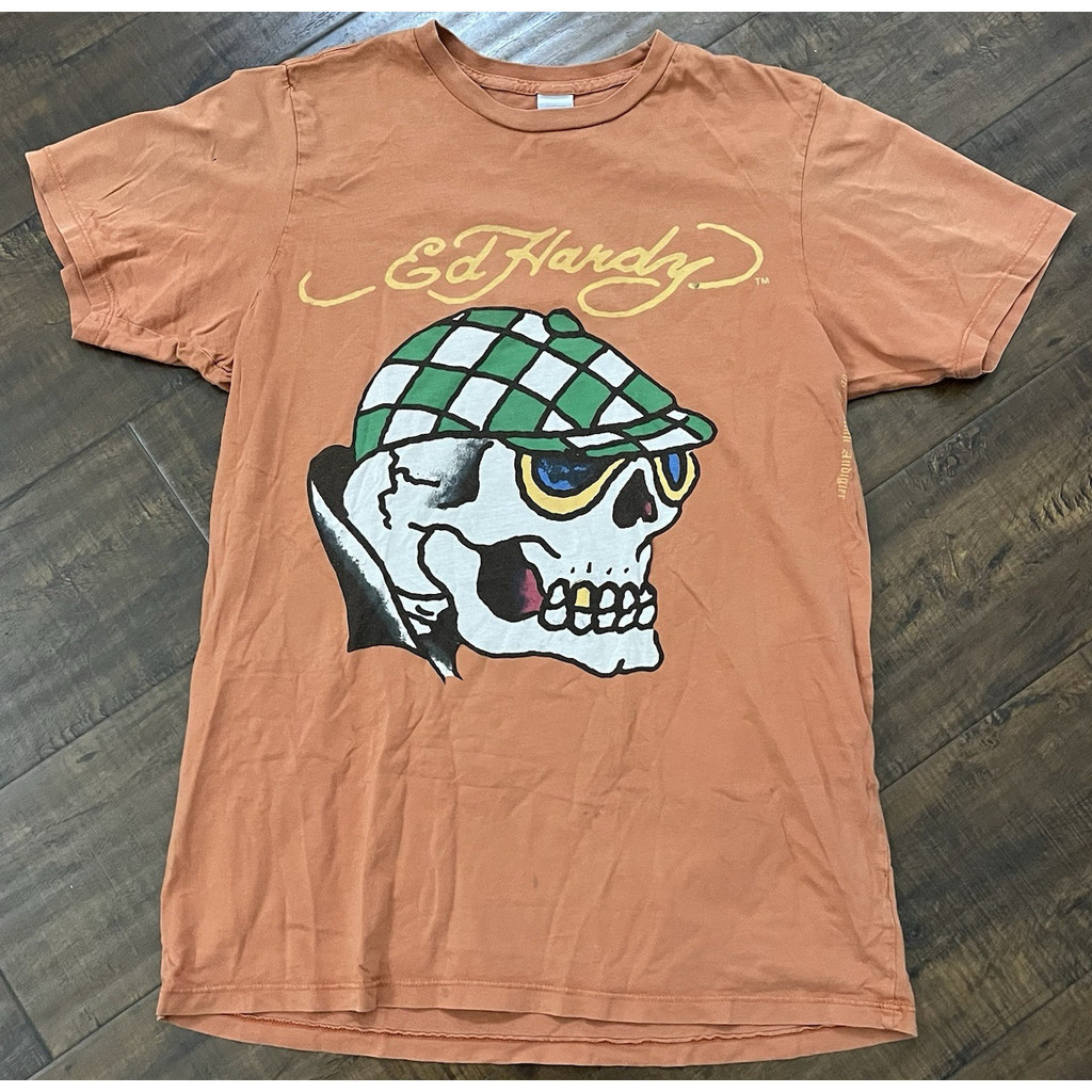 EDHARDY ผ้าฝ้าย 100% Retro เสื้อยืดผู้ชายผู้หญิงสไตล์เดียวกัน Y2K Skull Gothic พิมพ์ด้านบนพร้อมสต็อก