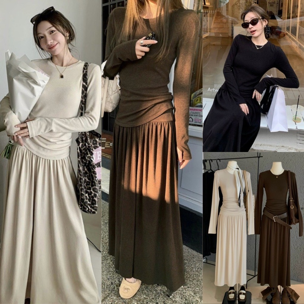 W7875 เซ็ท 2 ชิ้น เสื้อคอกลมแขนยาว + กระโปรงยาว ผ้ายืด ใส่สบาย ไม่ร้อนค่า ทรงสวย แฟชั่นเกาหลี TAG WG.WE