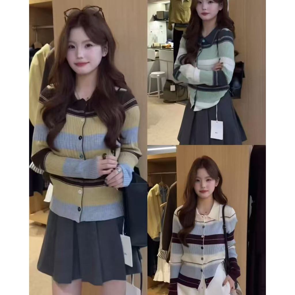 สไตล์เกาหลี 2025 แฟชั่นฤดูใบไม้ร่วง All-Match Slimmer ดูปกคมชัดสีลายเสื้อกันหนาวยืดสูงเสื้อกันหนาวผู