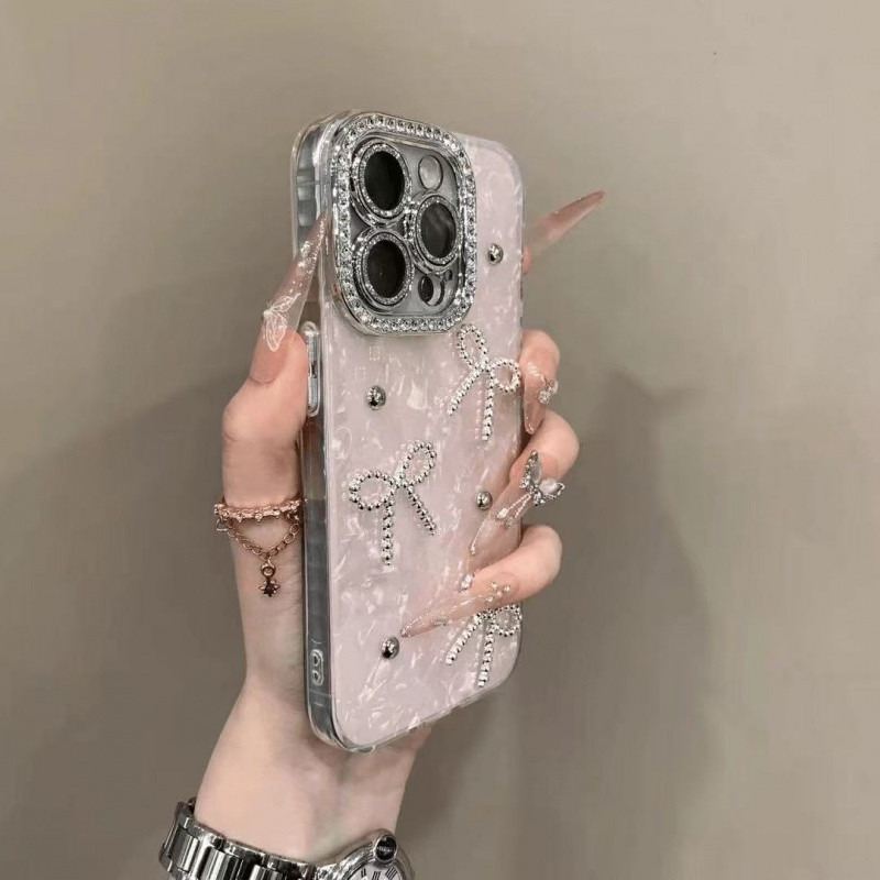 3Dวางมุกโบว์ไล่ระดับสีเลเซอร์หัวใจIMDเคสแข็งสําหรับiPhone 11 12 13 14 15 16 17 Pro Max Plus Airปลอกส่วนบุคคลเคสโทรศัพท์สําหรับiPhone16 กรณีปก
