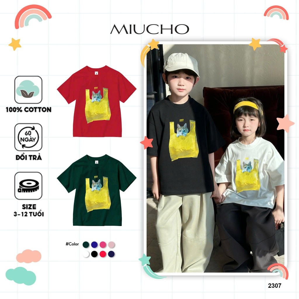 รูปแบบหลวม เสื้อยืด unisex สําหรับเด็ก AED2307 Miucho Kid ผ้าคอตตอนเท่ๆ คอกลม พิมพ์ลายงานศิลปะ
