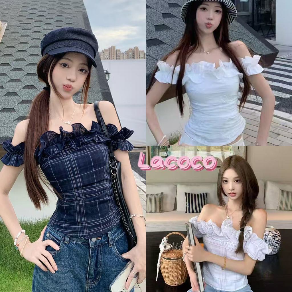 Lacoco คลังสินค้าพร้อม เสื้อยืดเปิดไหล่สไตล์ย้อนยุคฝรั่งเศส แต่งระบาย เสื้อเปิดไหล่ลายสก็อตสำหรับผู้หญิงในช่วงฤดูร้อน