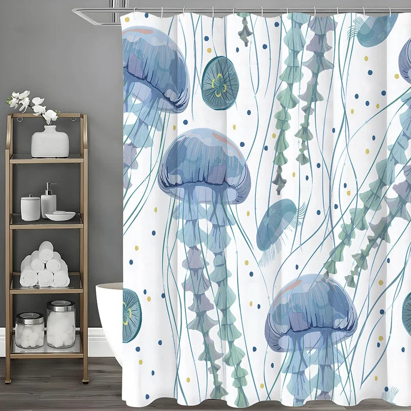 Watercolor Blue Jellyfish Shower Curtain, Bathroom Decorative Shower Curtain, Waterproof Shower Curt