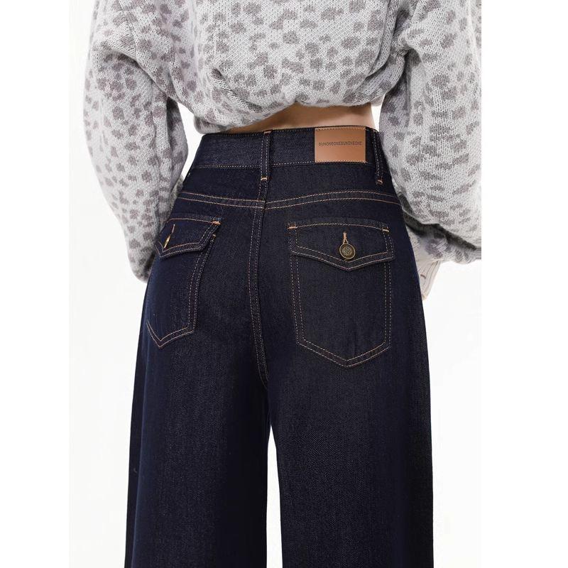 กางเกงยีนส์สีน้ำเงินเข้ม ดีไซน์กระเป่าหลังใหม่ล่าสุด ยีนส์สำหรับผู้หญิง เอวสูง หลวม ตรง ขากว้าง กางเกงยาวถึงพื้น - รูปที่ 6