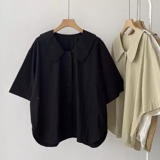 ‌[เสื้อเบลาส์โอเวอร์ไซส์] (40-150kg) เสื้อเบลาส์ผ้าลินิน แขนสั้น ทรงหลวม คอปกตุ๊กตา ผู้หญิง เสื้อฤดูร้อน พลัสไซส์ ธรรมดา